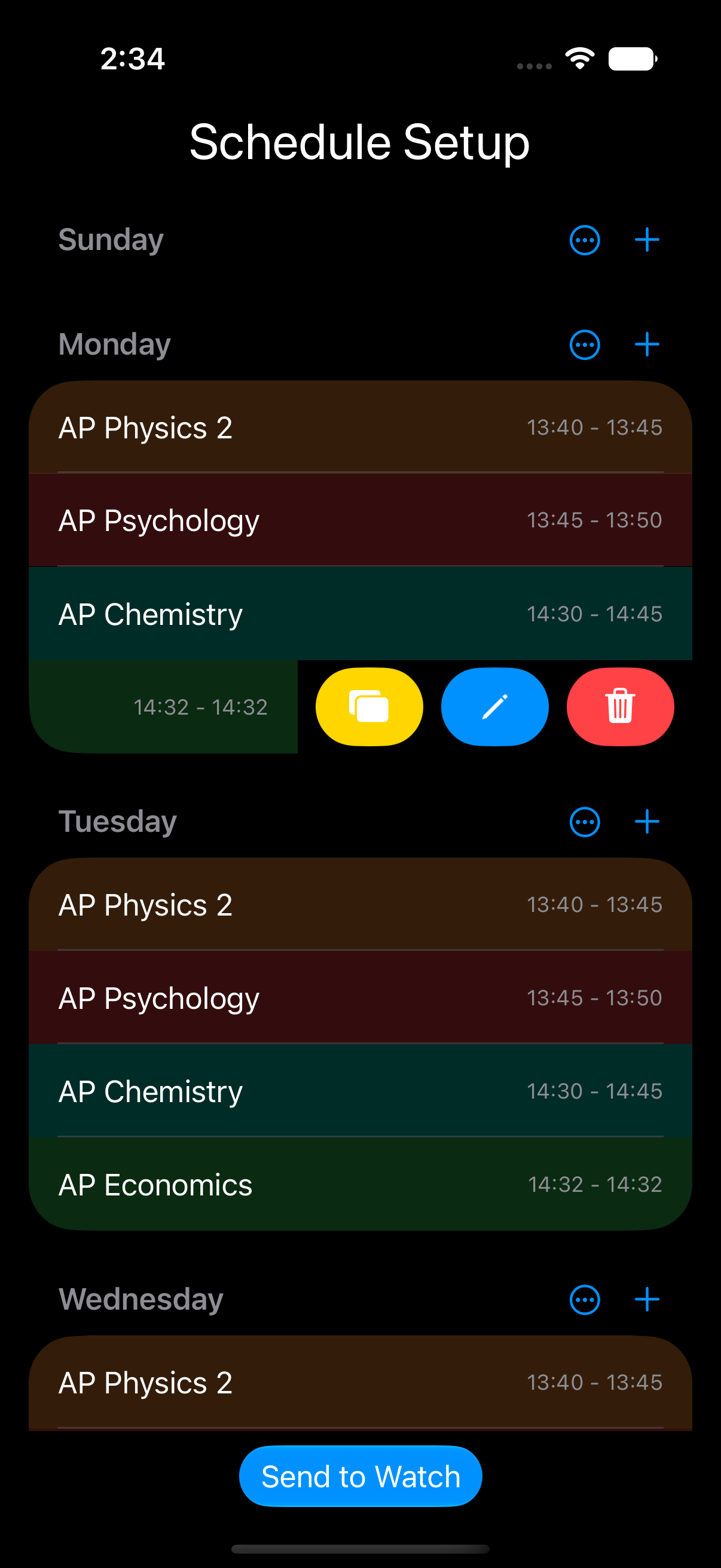 My iPhone schedule screen