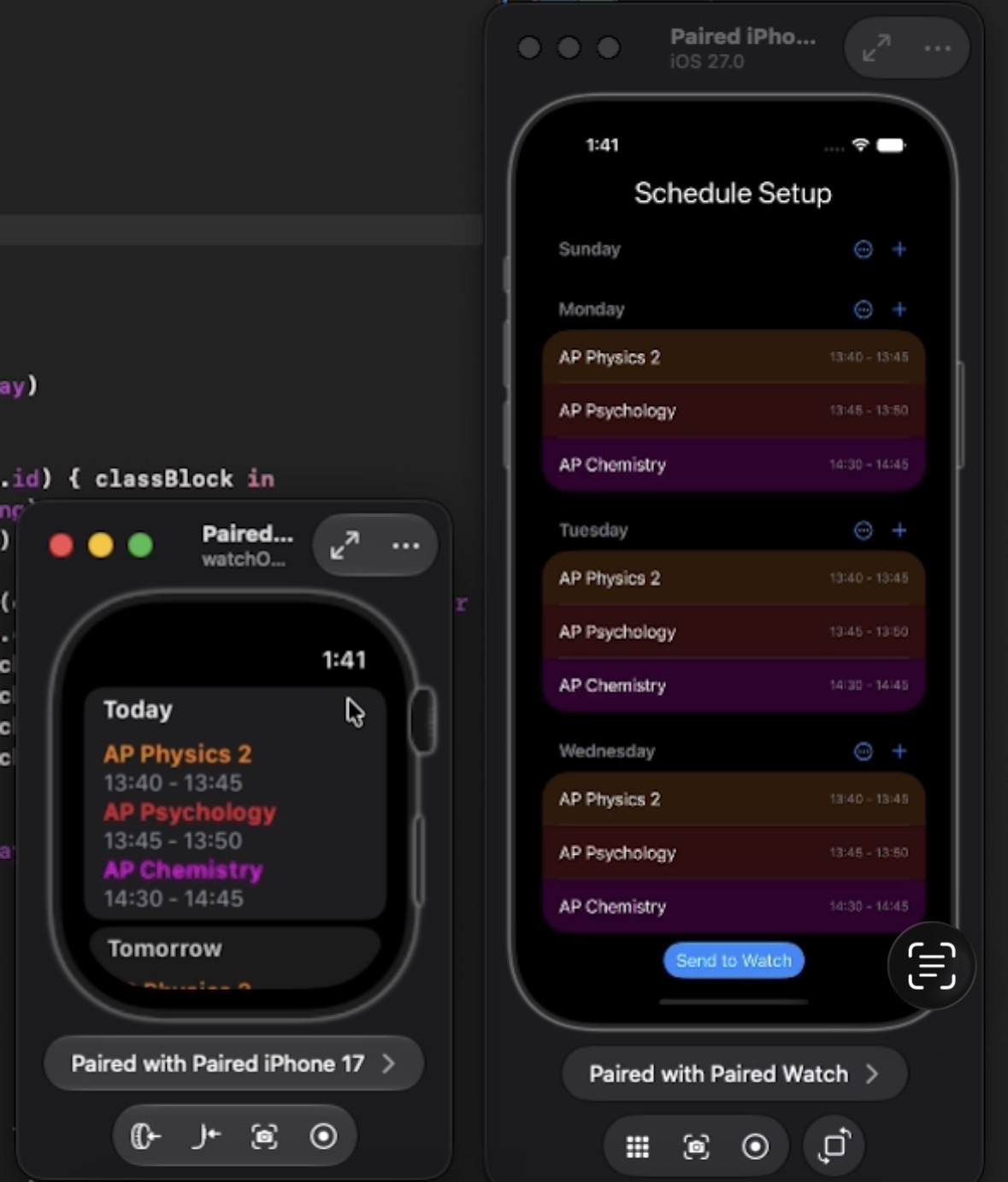 My Class Scheduler running on an iPhone and Apple Watch