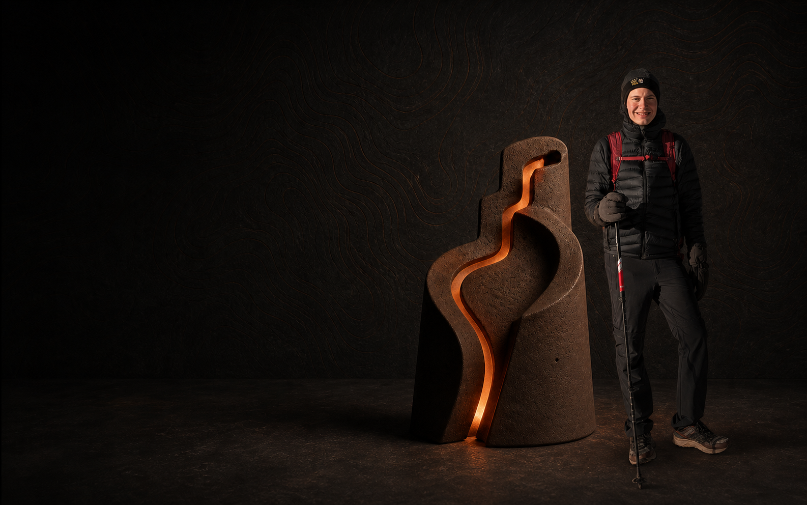 Clay standing beside a glowing lava-rock sculpture