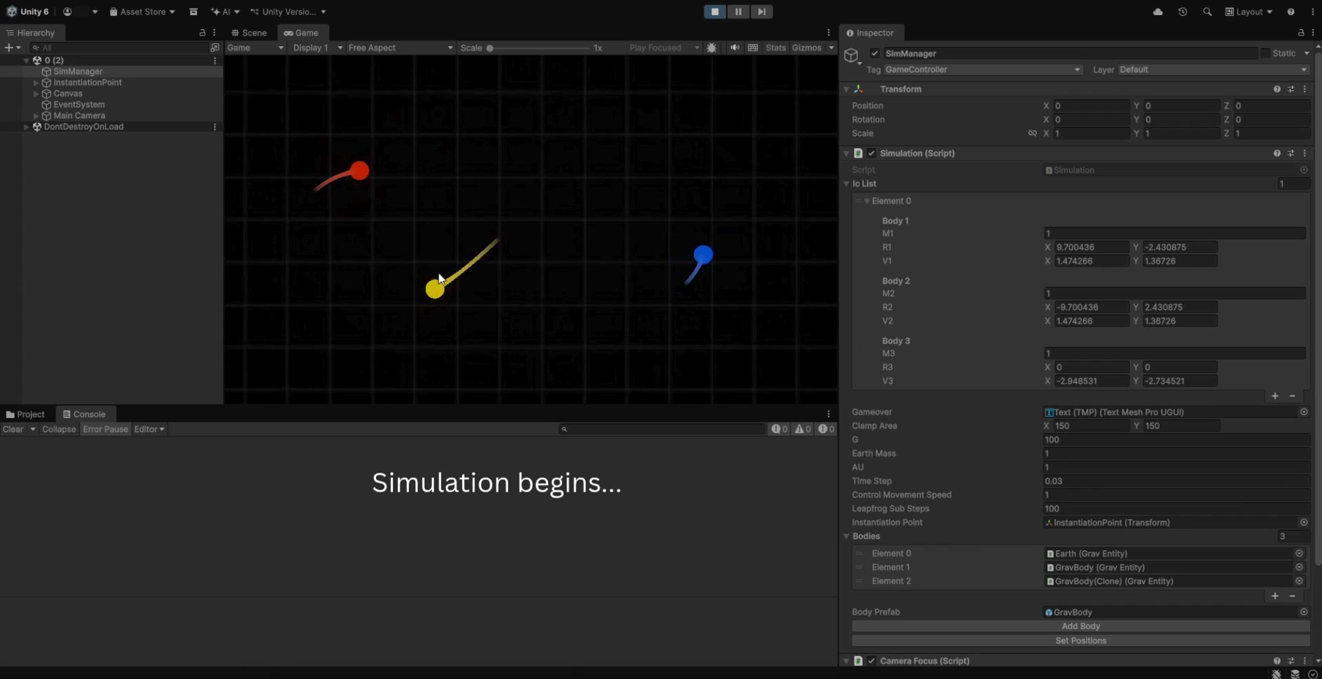 Orbiting bodies leaving colored trails in the simulator