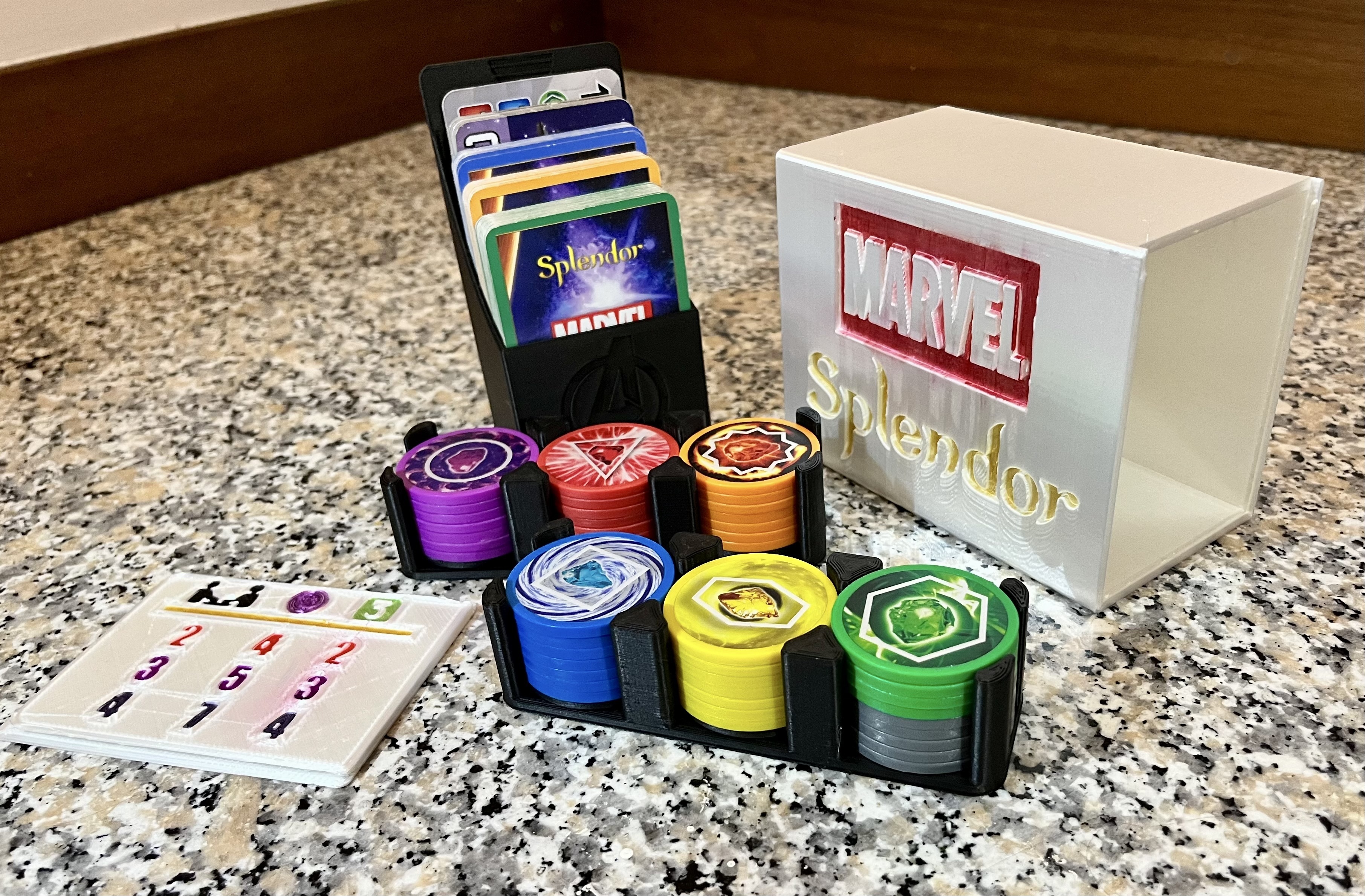 My printed Marvel Splendor organizer holding the game pieces